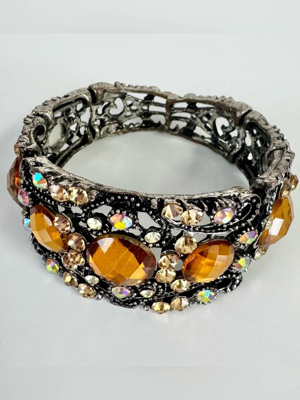Amber Crystal Metal Cuff Bracelet Scrollwork Iridescent Rhinestone